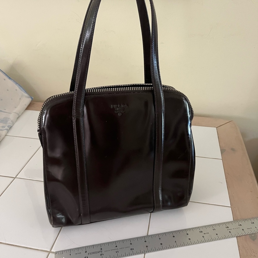 Prada Brown Patent Leather Tote with Silver Hardware